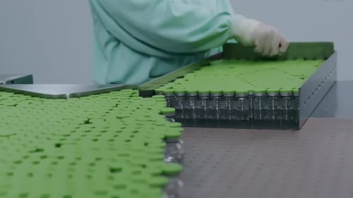 Une travailleuse en uniforme bleu inspecte des flacons de médicaments en verre ambré en cours de production