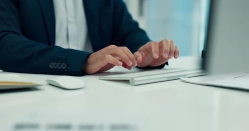 Typing, keyboard and hands of businessman in office with research for finance project with budget