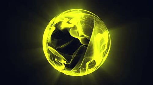 3d glowing cosmic sphere animation in the Universe. Animated yellow 3d sphere.