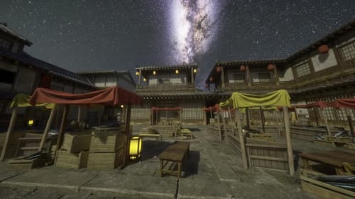 Ancient Market Street Under Starry Night Sky With Milky Way