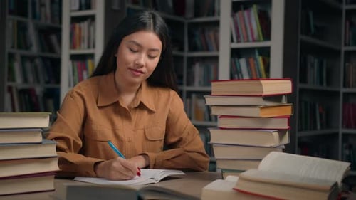 Young Asian Woman Sitting in University Library with Books on Desk Girl Student Writing Notes