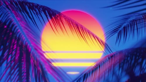 Sunset Behind Palm Leaf, Retrowave 4K