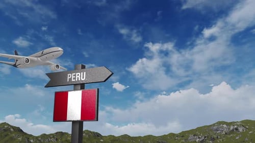 Peru Flag With Airplane And Arrow Sign