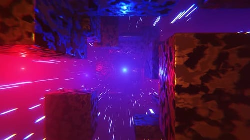 Fly through cubes and boxes tunnel. Colorful glowing cubes create tunnel, loop