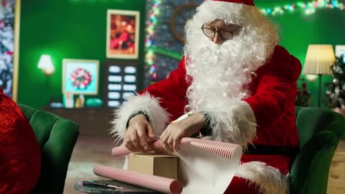 Santa Claus Wrapping Gifts in Festive Green Room