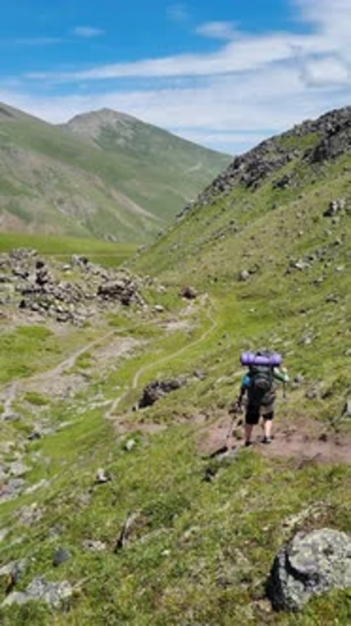 Male Hiker Carrying Backpack and Trekking Poles Walking on Trail Toward Mountain Peak Vertical Video