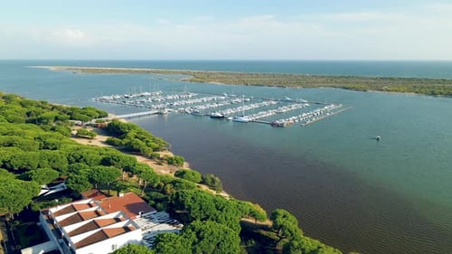 Aerial view of El Rompido Marina And yatchs moored at the Dock on Piedras river, Atlantic ocean bird