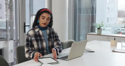 Laptop, reading and tablet with business woman at desk in office for creative planning or strategy