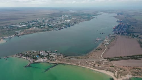 Aerial View of an Industrial Chemical Plant and Commercial Cargo Port