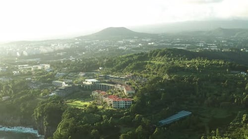 Seogwipo coast aerial view in the evening, Jeju Island, South Korea
