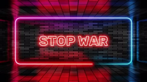 Neon sign stop war in speech bubble frame on brick wall background 3d render. Light banner