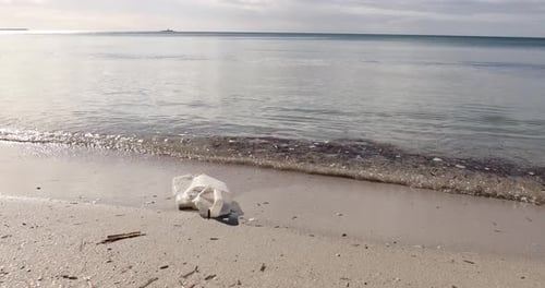 Plastic bottle washed up on sandy beach with gentle waves in the background, environmental issue con