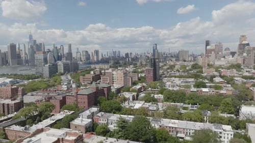 Flying over Cobble Hill toward the East River in New York City