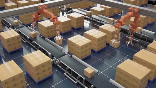 High-Precision Robot Arms Working on Conveyor in Electronics Factory