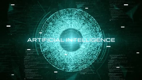 Futuristische HD-Augenschnittstelle mit künstlicher Intelligenz mit digitalen Daten und HUD-Elementen