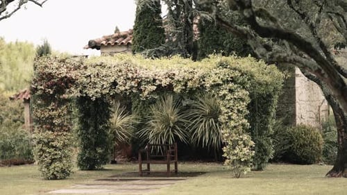 Wooden bench under lush garden arbor surrounded by greenery and trees.