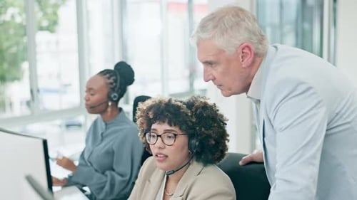 Call center, training and mentor with employee at desk, computer or office of customer service