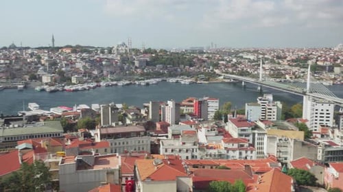 Aerial view of the Golden Horn, Istanbul, Turkey. Panning motion