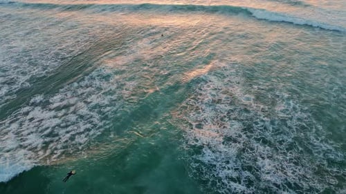 Drone Foamy Sea Water Swinging Unknown Surfers Under Evening Summer Sunlight