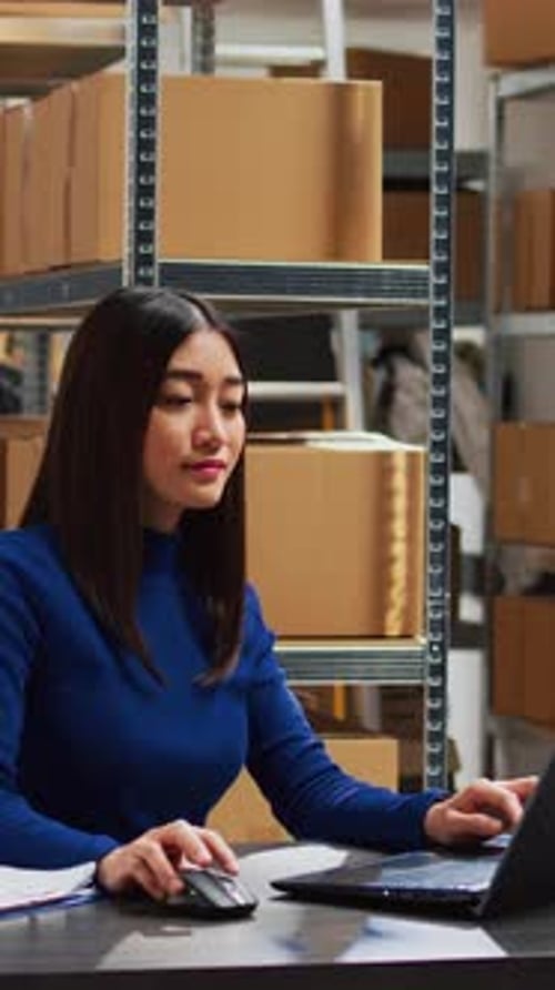 Vertical Video Asian Team Working on Product Inventory in Warehouse
