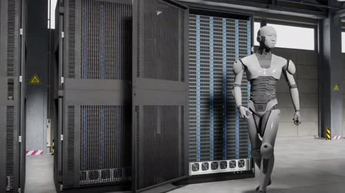 Un humanoïde cyborg entre dans un serveur Internet, une salle de haute technologie, donnant naissance à un concept d'intelligence artificielle, taki