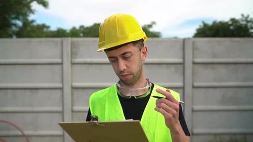 General Labourer In Yellow Helmet Signing Papers On Clipboard. - medium close up shot