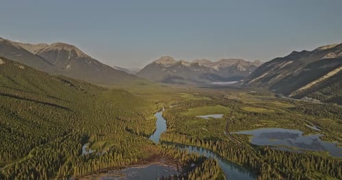Banff AB Canada Aerial v27 panoramic views drone flyover Bow river capturing lush forested valley, p
