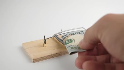 01. A 100-dollar bill is placed in the mousetrap. Concept of financial trap.