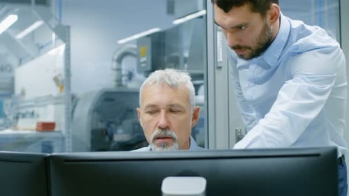 Projektmanager und leitender Ingenieur führen während der Arbeit an Personal Com ein projektbezogenes Gespräch