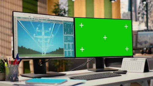 Das CAD-Design des Power Line Tower wird auf einem Greenscreen-PC im Ingenieurbüro angezeigt