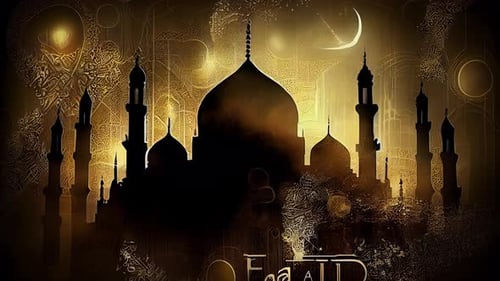 Golden Eid Celebration Background with Mosque Silhouette