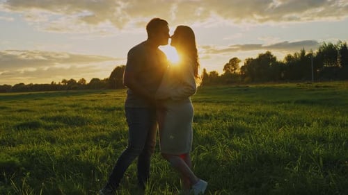 Couple Shares a Romantic Kiss During Sunset in a Serene Field