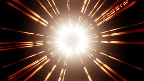 Bright flash of light from one orange point on black background, overlay 3D render. Big bang