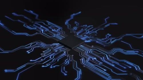 Mikrochip, Prozessor, Schaltkreis, Netzwerk-Hintergrund, Chip-Zentrum, Verzweigung, Leitungen, die sich ausbreiten