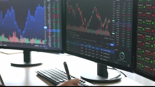 Slow motion business investor in stock trade company look at monitor. Burgeoning