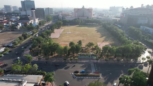 Aerial View of City Park and Urban Landscape