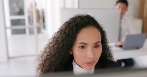 Search, computer and face of business woman in office for web design, analytics and planning