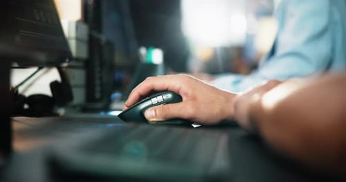 Computer, hand and programmer with person in office for gaming developer