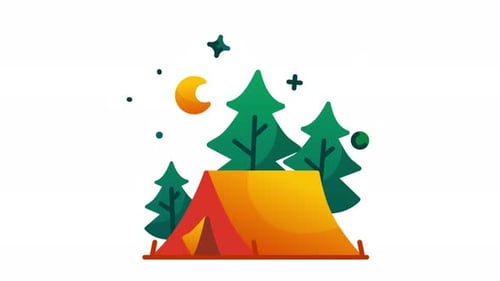 Animated Camping Scene with Tent and Pine Trees at Night