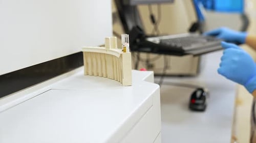 A plastic stand with two test tubes inside. A laboratory professional sitting at the computer