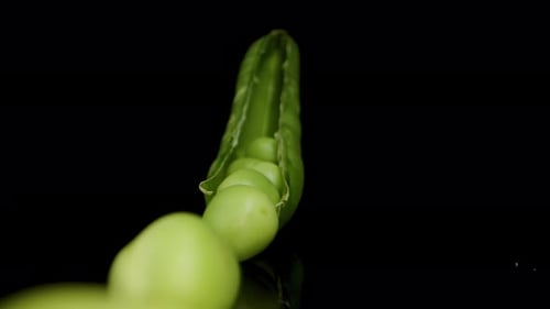 Fresh Peas rolling across the table from a Green Pod, macro isolated on a black background.