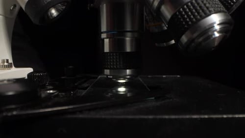 Microscope lens adjusts objective, laboratory science research
