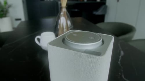 White Smart Speaker on Counter Top Close Up