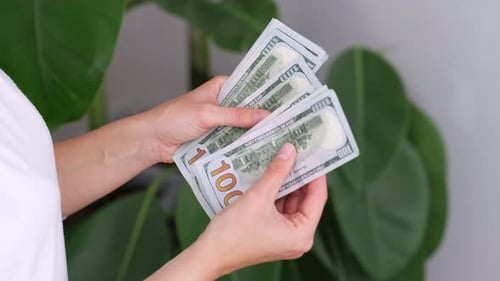 Excited Smiling Woman Showing Cash Money 1000 American Dollars Banknotes Hands with Money Close Up