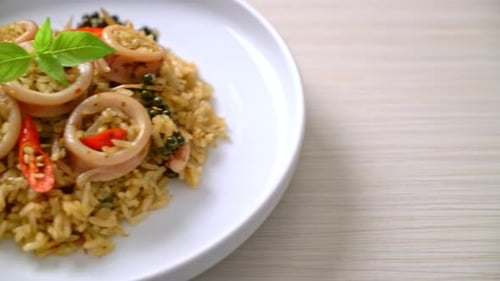 Close-up of Rice Dish with Squid Rings
