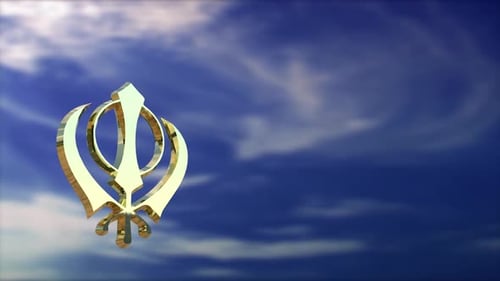 Animated Golden Khalsa Symbol on Blue Sky Background