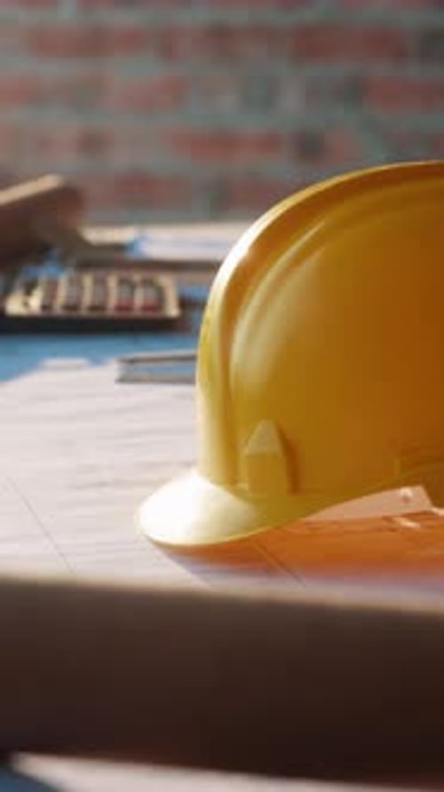 Construction, helmet and sunlight with floor plan on desk at building site for property development