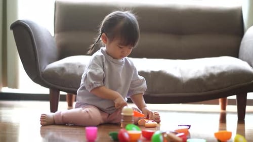 Little Girl Playing with Toy Food Indoors