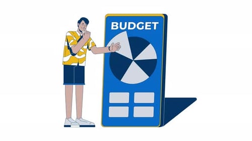 Man analyzing pie chart on budgeting app 2D animation