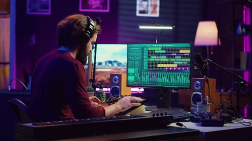 Music Engineer Operates Recording Equipment in Home Studio